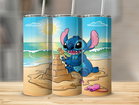 Stitch character building a sandcastle on a beach with the ocean in the background.