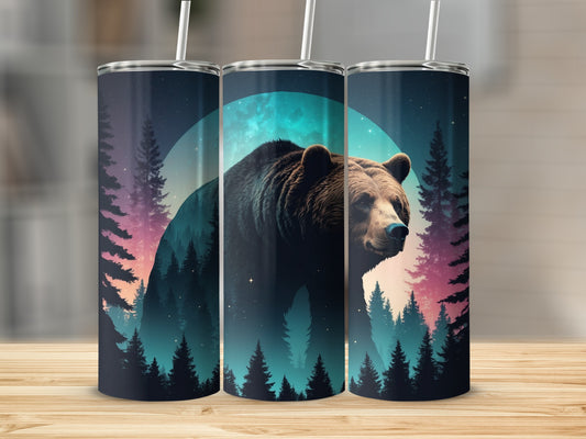 Bear silhouette within a dark forest under a moonlit sky on a tumbler.
