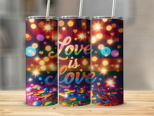 Three tumblers with "Love is Love" text and rainbow glitter on bokeh background.