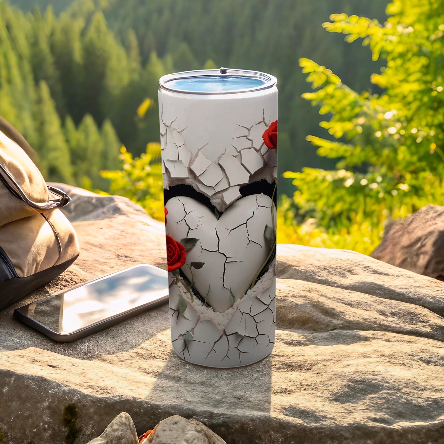 Heart with Roses and Cracked Design Tumbler Cup