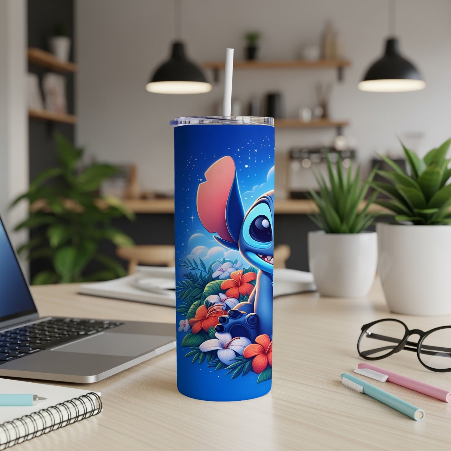 Blue tumbler with Stitch from Lilo & Stitch and tropical flowers.