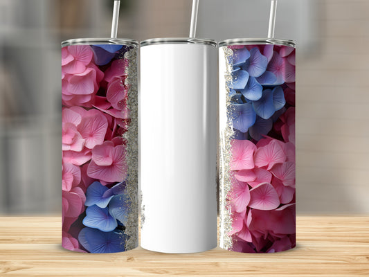 Three tumblers with hydrangea floral patterns and glitter accents.