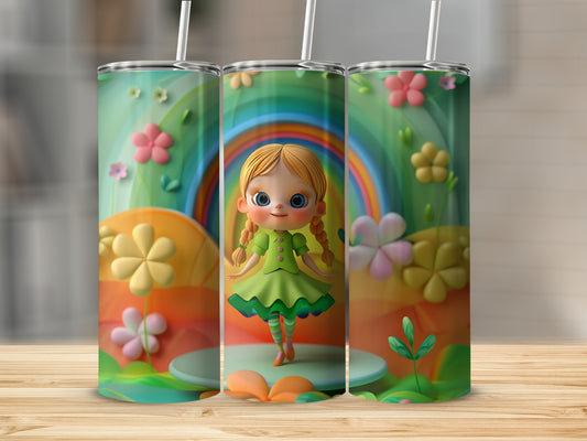 Three tumblers with a cartoon girl in a green dress on a colorful, floral background.
