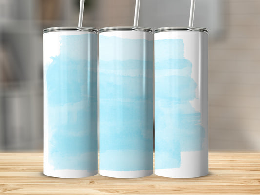 Three tall, slender tumblers with light blue watercolor brush strokes.