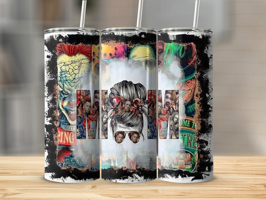 Three tumblers with horror movie characters collage design, including clowns and masked figures.
