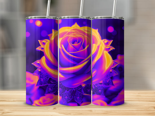Purple and orange rose design on three tumblers with bokeh background.