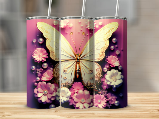 Pink tumbler with white butterfly and flowers, with straw.