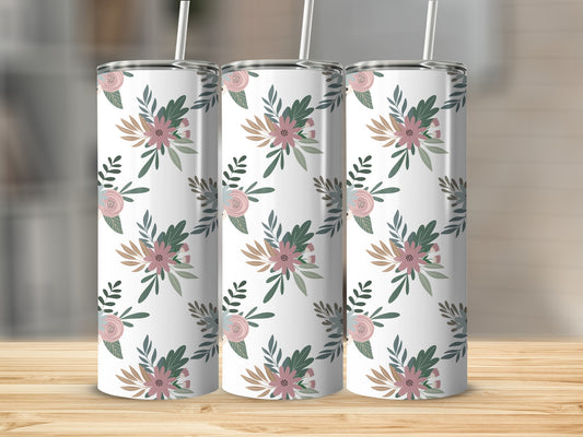 Three tumblers with a floral pattern featuring pink and green flowers.