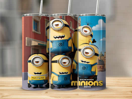 Five Minions from Despicable Me movie holding cups on a wooden surface.