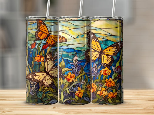 Three tumblers featuring stained glass butterflies and floral patterns.