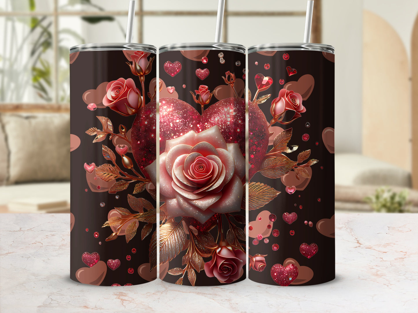 Romantic Heart and Roses Design Insulated Tumbler
