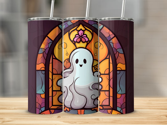 Ghost stained glass tumbler with purple trim and straw.