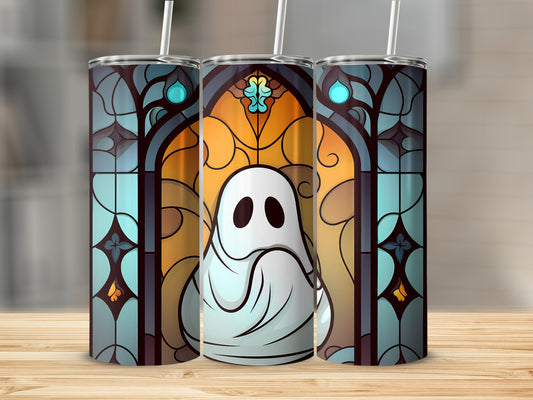 Ghost in stained glass pattern on a tall tumbler.