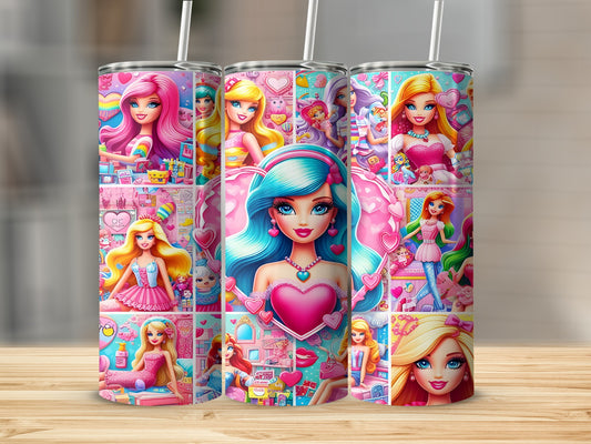 Three Barbie-themed tumblers with collages of cartoon Barbie images.