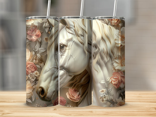 White horse head with floral accents on three tumblers.