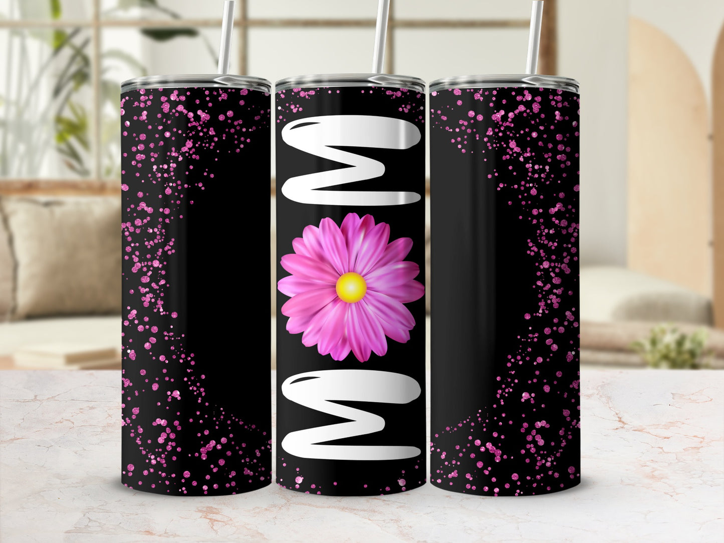 Pink Flower and Sparkle Design Insulated Tumbler