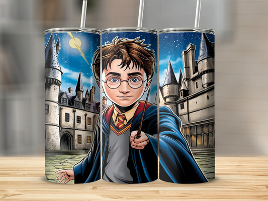 Harry Potter with wand in front of Hogwarts castle under night sky.