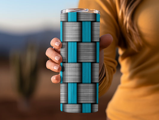 Woven Texture Pattern in Gray Aqua Blue Grid Tumblers