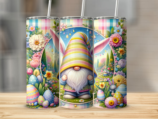 Gnome with striped hat and Easter eggs, set against a spring garden backdrop.