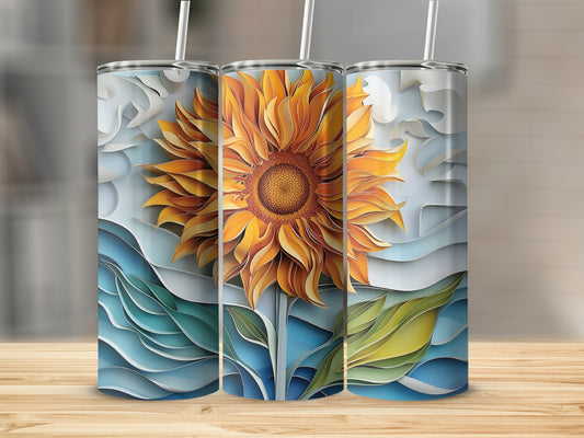 Three tall tumblers with a sunflower and wave design.