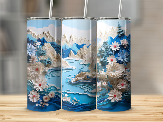Three tumblers with a blue, white, and floral mountain landscape design.