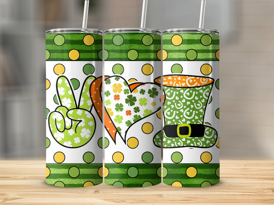 Peace, love, and a leprechaun hat design on three tumblers.