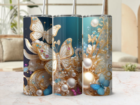 Elegant Butterfly and Pearl Design Insulated Tumbler