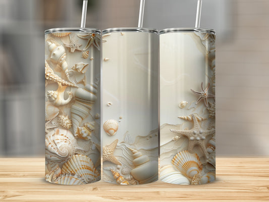 Three tumblers featuring a textured seashell and starfish design.