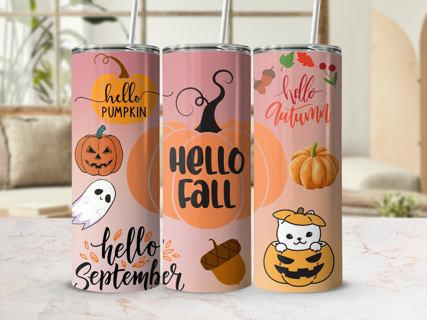 Hello Fall Autumn Pumpkin Halloween Themed Tumbler