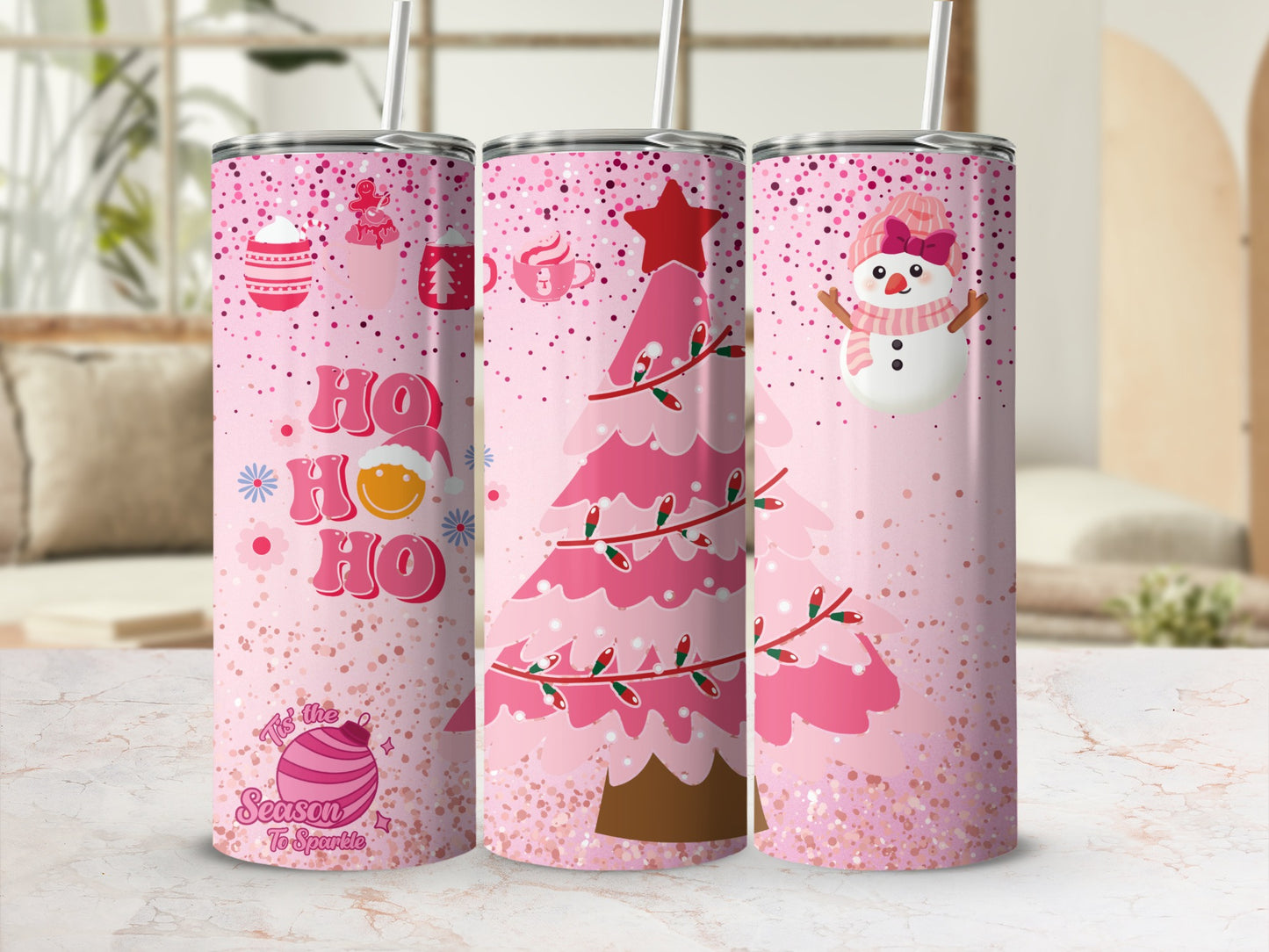Festive Holiday Themed Pink Tumbler for Christmas