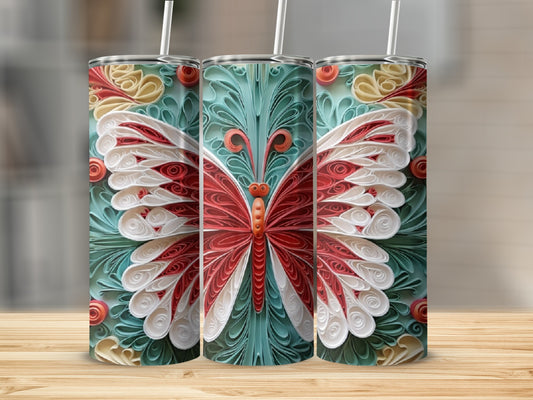 Three tumblers featuring a red and white quilled paper butterfly design.