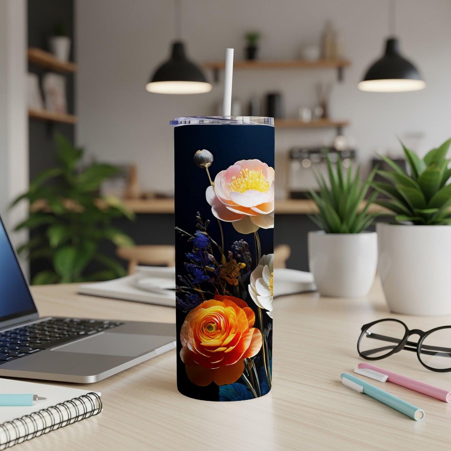 Tall tumbler featuring vibrant orange and pink flowers with a dark background.
