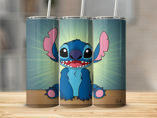 Cartoon Stitch character on a wooden surface with a radiating blue background.