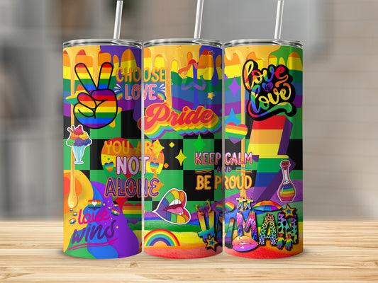 Three pride-themed tumblers with colorful graphics, hearts, and slogans like "Love Wins".