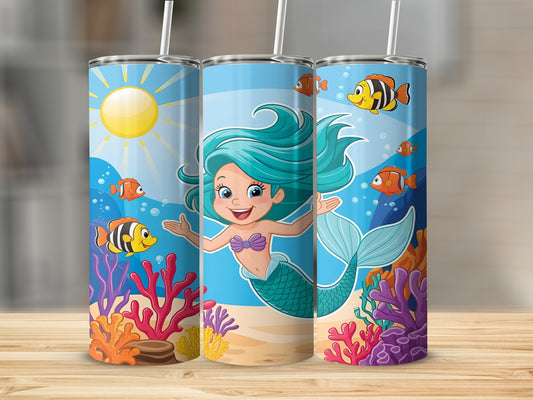 Mermaid with teal hair and fish against a blue ocean background.