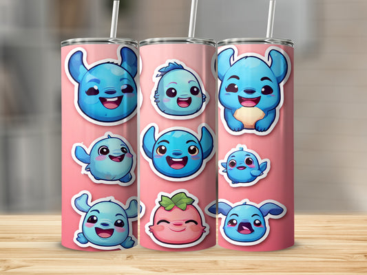 Three pink tumblers with cute cartoon alien and fruit characters.