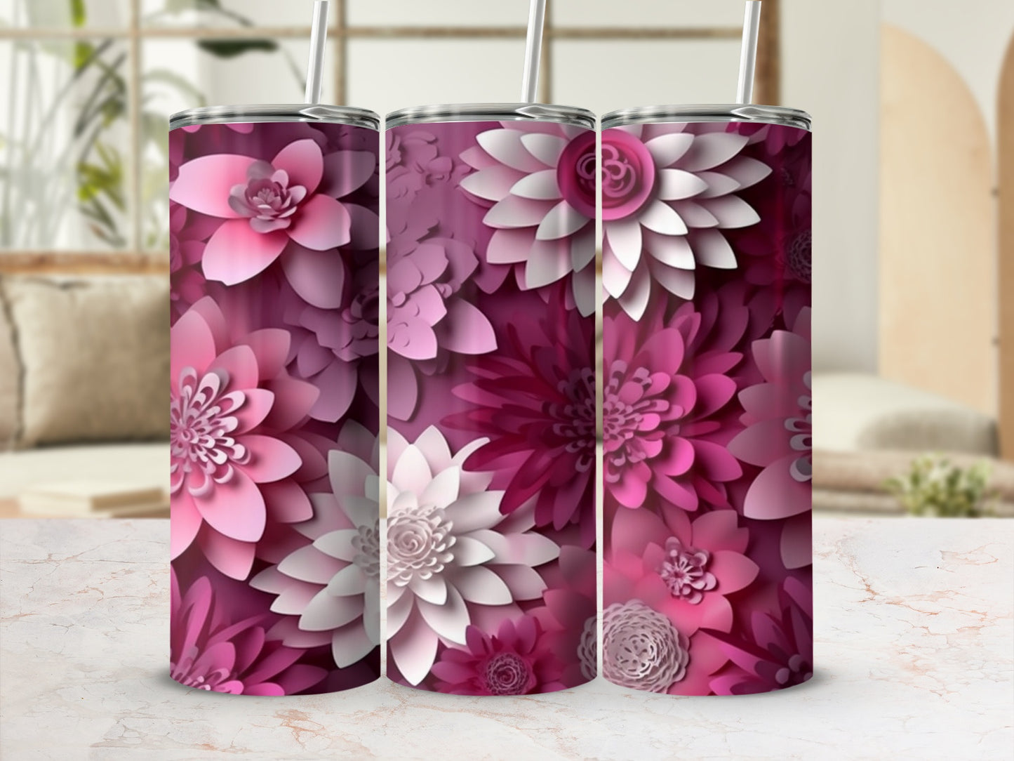 Pink Floral Design Stainless Steel Tumbler Cup
