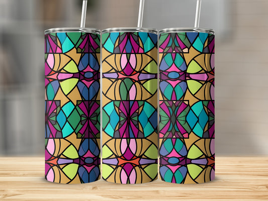 Three tumblers with stained glass pattern featuring geometric shapes and vibrant colors.