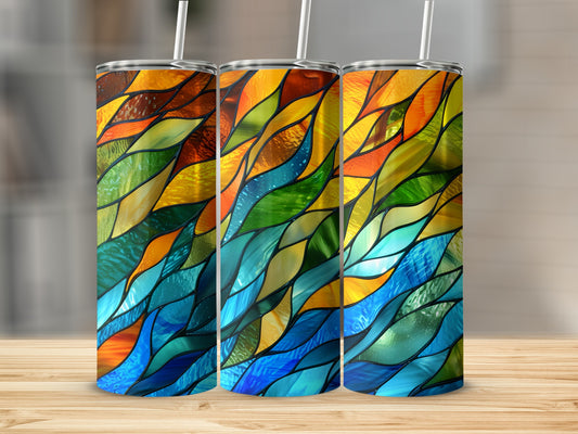 Three tumblers with stained glass wave patterns in warm and cool colors.