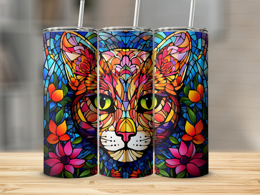 Three stained-glass style tumblers featuring a colorful cat face design.