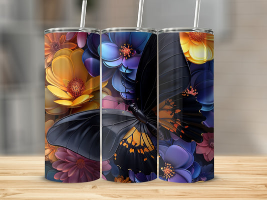Black butterfly among vibrant orange, yellow, and purple flowers.