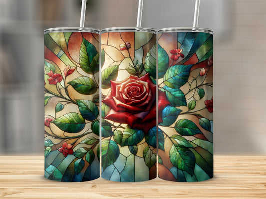 Three tumblers with stained glass rose and leaf design.