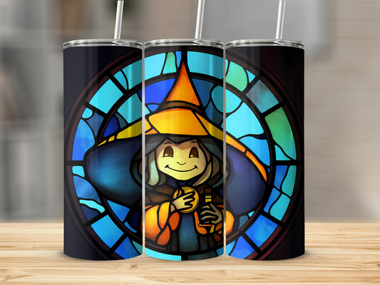 Three witch-themed tumblers featuring a stained-glass window design with a witch character.
