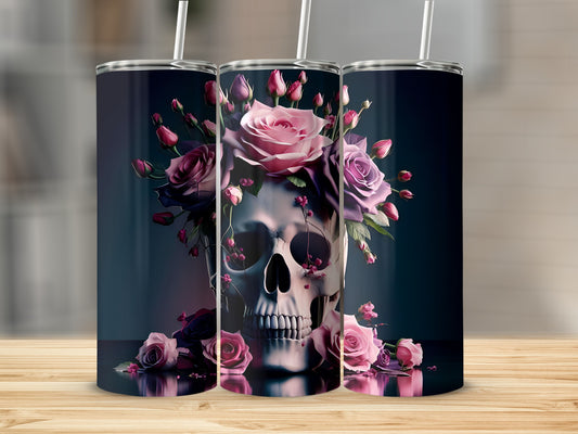 Skull adorned with roses on a dark background, placed on a wooden surface.