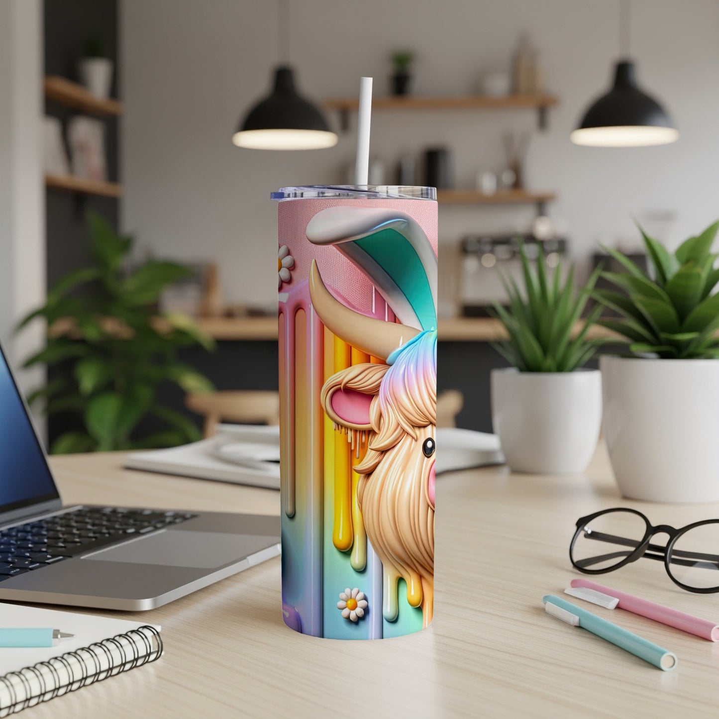 Pink tumbler with a cartoon Highland cow wearing bunny ears.