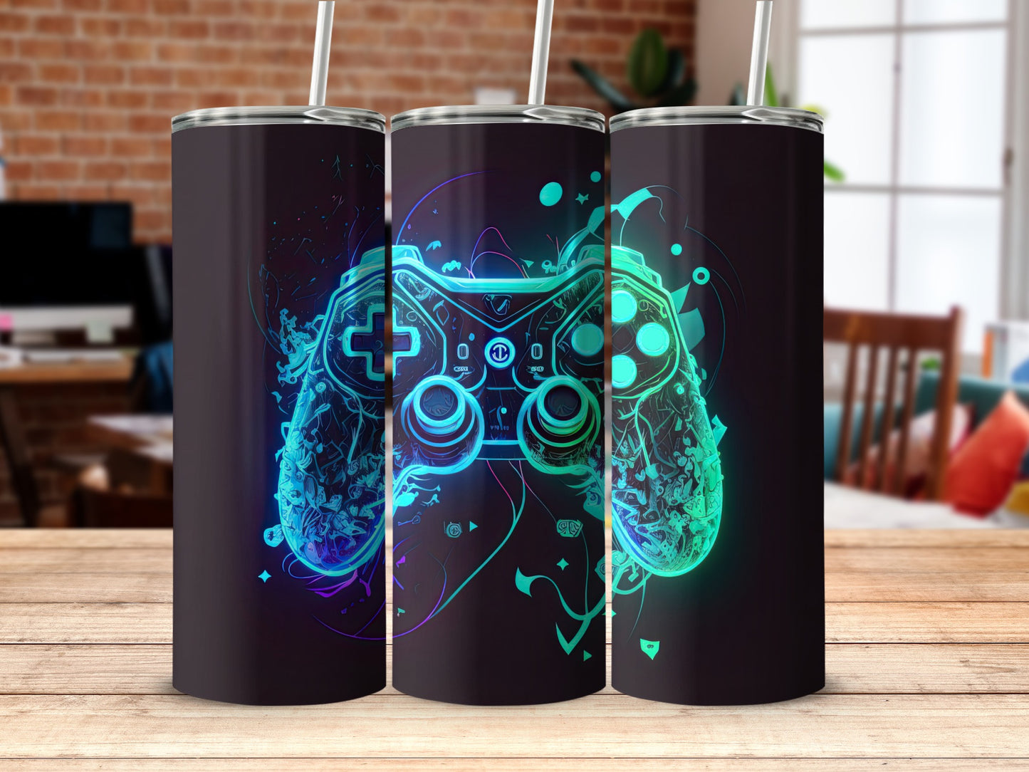 Vibrant Gaming Controller Art Tumbler with Straw