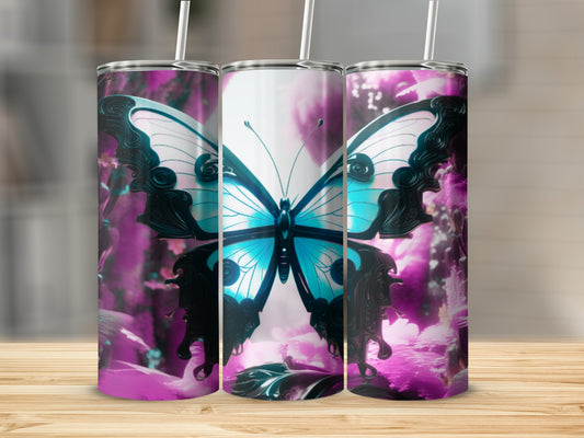 Three tumblers with a vibrant blue butterfly and purple floral design.
