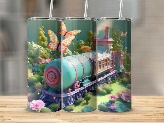 Teal and pink train with butterflies and flowers, set against a whimsical backdrop.