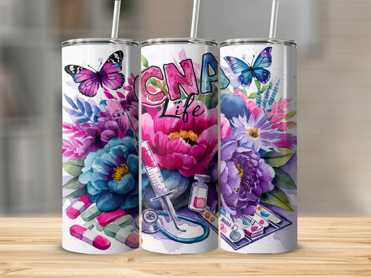 Floral tumbler with "CNA LIFE" text, stethoscope, syringe, and butterflies.