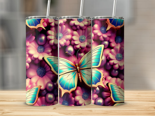 Three floral patterned tumblers with butterflies on a wooden surface.